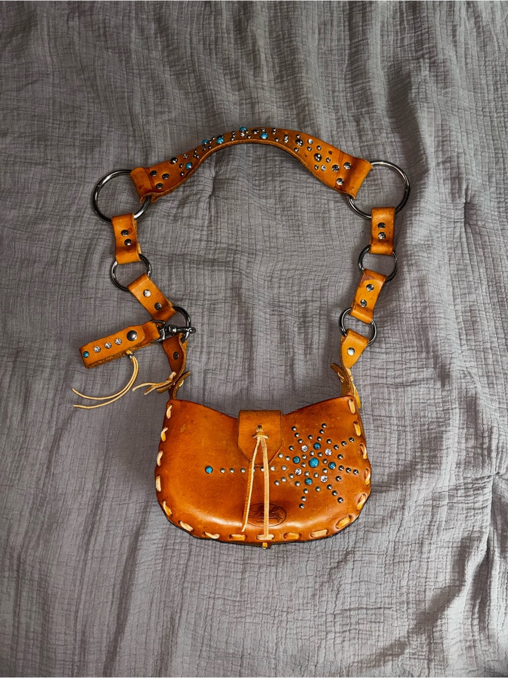 Studded Camel Leather Shoulder Bag with Turquoise Accents